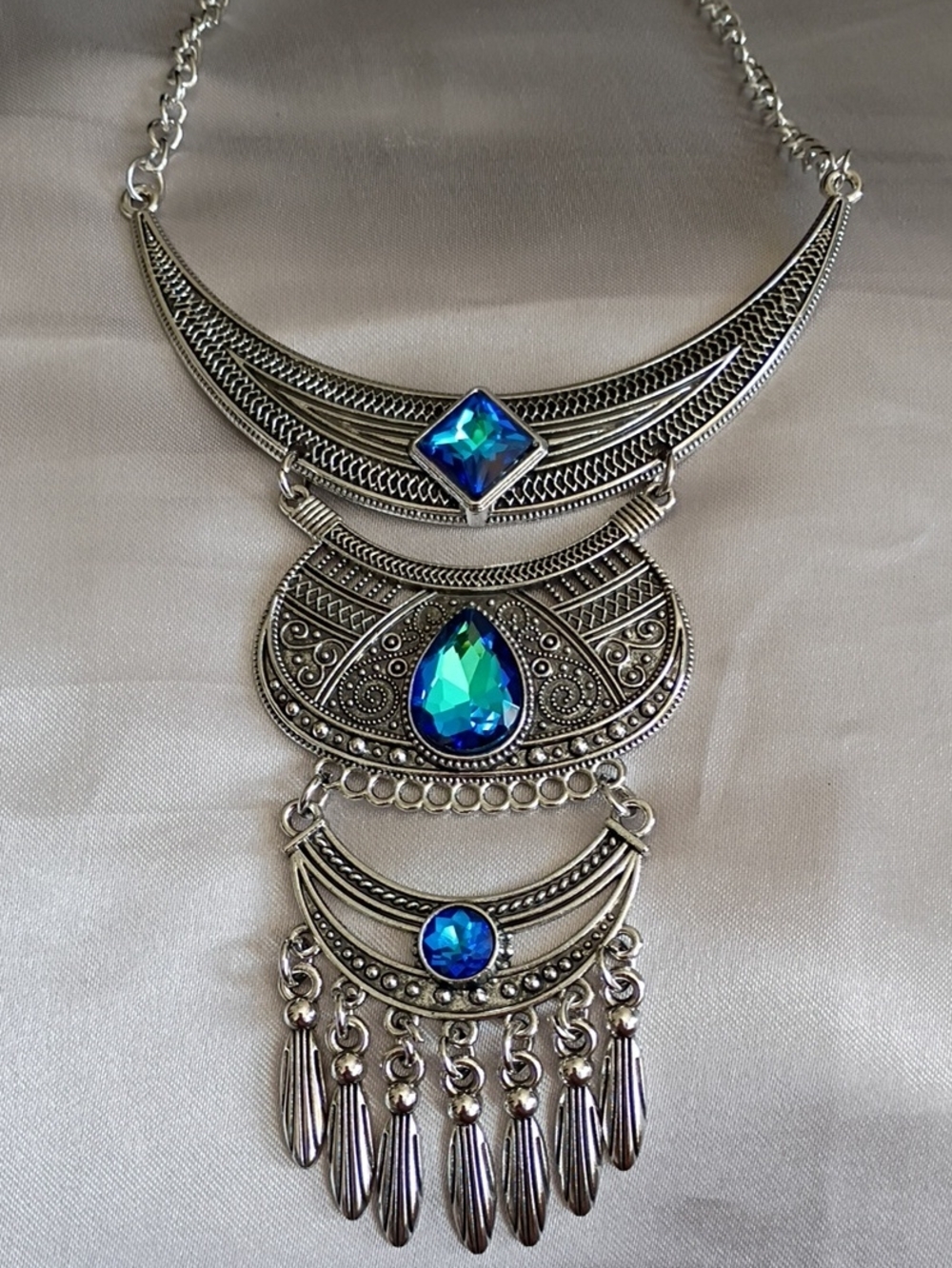 Silver Boho Statement Necklace with Blue-Green Crystal Accents